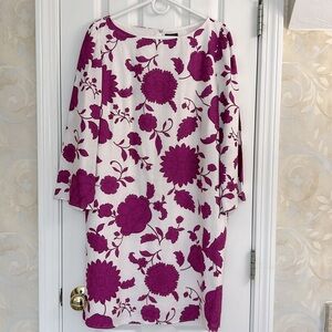 Ann Taylor Fuchsia Floral Linen Blend Shift Dress with 3/4 Length Sleeves. NWT